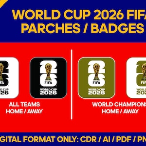 Può includere: Un grafico digitale che mostra toppe e stemmi della FIFA World Cup 2026. Il design presenta quattro icone quadrate con il logo FIFA World Cup 2026, inclusi il trofeo e il testo. Il testo include ALL TEAMS HOME / AWAY e WORLD CHAMPIONS HOME / AWAY.