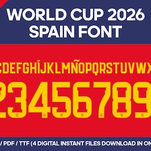 May include: A digital graphic featuring the text "WORLD CUP 2026 SPAIN FONT" in white, above a red background with yellow letters and numbers. The Spanish flag colors are used throughout the design.