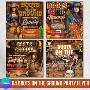 May include: Four party flyers with a western theme, featuring women in cowboy hats and guitars. The flyers have the text "BOOTS ON THE GROUND" and details for birthday celebrations, including dates, times, and locations.