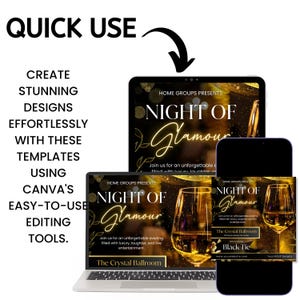 Pu&ograve; includere: Un modello di design digitale per Canva, che presenta un evento 'Night of Glamour'. Il design &egrave; visualizzato su laptop, tablet e smartphone, con dettagli dorati e dettagli dell'evento. Il testo include 'Quick Use' e 'Easy-to-Use Editing Tools'.