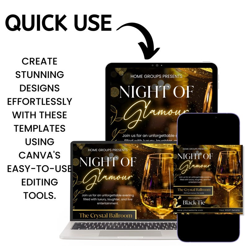 Pu&ograve; includere: Un modello di design digitale per Canva, che presenta un evento 'Night of Glamour'. Il design &egrave; visualizzato su laptop, tablet e smartphone, con dettagli dorati e dettagli dell'evento. Il testo include 'Quick Use' e 'Easy-to-Use Editing Tools'.
