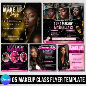 Op de afbeelding: Een verzameling flyers voor make-up lessen met een zwarte vrouw als centraal beeld. De flyers adverteren make-up lessen en masterclasses, met details over wat er wordt geleerd en inbegrepen. De flyers hebben een goud, roze en zwart kleurenschema.