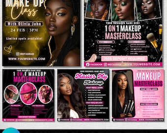 May include: A set of makeup class flyers featuring a black woman. The flyers promote makeup classes and masterclasses, detailing the curriculum and inclusions. The flyers use a colour scheme of gold, pink, and black.