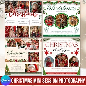 May include: A promotional graphic for a Christmas mini-session photography service. The design features children in festive outfits, with text including "Christmas Mini Session," booking dates, and contact information. The overall color scheme is red, green, and white.