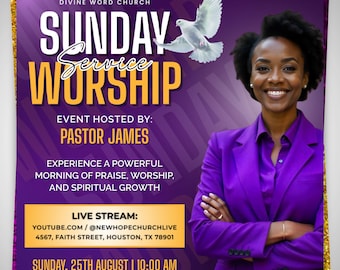 Church Worship Flyer Canva Editable Template, Sunday Worship Flyer, Church Flyer, Religious Event, Praise and Worship, Christian ChurchFlyer