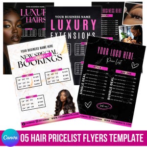 May include: Five hair pricelist flyer templates are displayed. The flyers feature images of women with long hair, price lists, and text such as "Luxury Extensions" and "New Special Bookings". The color scheme includes black, pink, and gold.