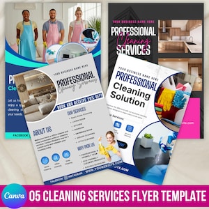 May include: Two flyers for professional cleaning services. One flyer features a photo of three people wearing aprons. The other flyer has a photo of cleaning supplies. Text includes "Professional Cleaning Services" and "Book and Receive 20% Off!"