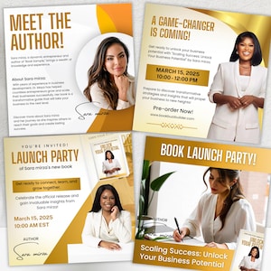 May include: A promotional image featuring announcements for a book launch and author introduction. The design includes portraits of the author, Sara Mirza, and text promoting her book, "Scaling Success: Unlock Your Business Potential."