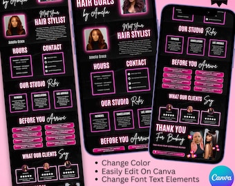 Modelo de site de agendamento Hair Stylish Acuity, site de agendamento editável no Canva, kit de identidade visual para designer de sobrancelhas, cabeleireiro(a), manicure e extensão de cílios.
