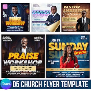 May include: A collection of five church flyer templates. Each flyer features a photo of a person, along with text promoting church events such as workshops, conferences, and Sunday services. The flyers use a variety of colors and fonts.