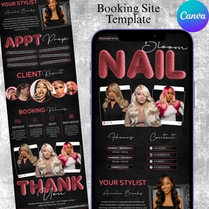 May include: A black and pink booking site template for a nail salon, featuring the text "NAIL" in a fluffy pink font. The template includes images of nail designs, contact information, and booking policies.