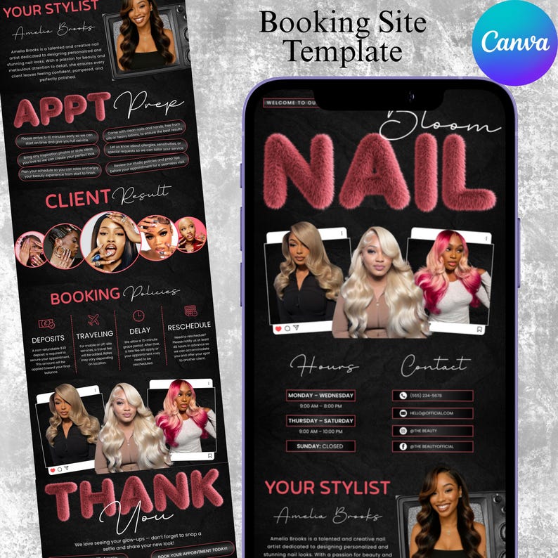 May include: A black and pink booking site template for a nail salon, featuring the text "NAIL" in a fluffy pink font. The template includes images of nail designs, contact information, and booking policies.