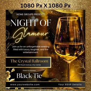 Pu&ograve; includere: Immagine promozionale per un evento "Night of Glamour". Il design presenta una combinazione di colori dorati con un bicchiere di vino pieno di un liquido dorato. Il testo include i dettagli dell'evento, la location e il codice di abbigliamento: "Black Tie."
