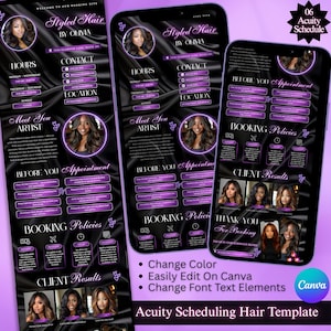 May include: Acuity Scheduling Hair Template displayed on three smartphones. The template features a black and purple design with text including "Styled Hair by Ohvia", booking information, and client results. The template is designed to be edited in Canva.
