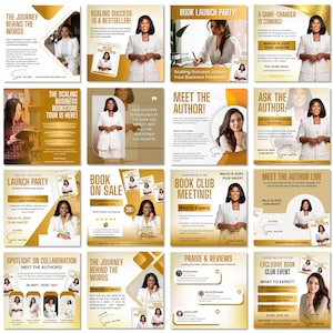 May include: A collection of gold and white promotional graphics for a book launch and business event. The graphics feature a woman in a white blazer, book covers, and event details. Text includes "Scaling Success" and "Meet the Author".
