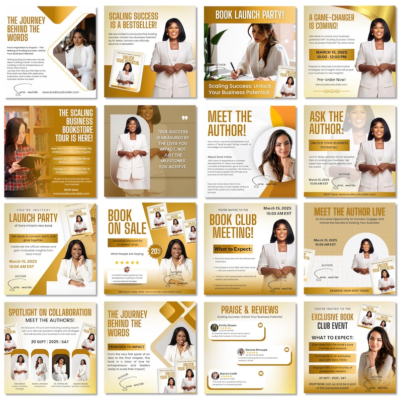May include: A collection of gold and white promotional graphics for a book launch and business event. The graphics feature a woman in a white blazer, book covers, and event details. Text includes "Scaling Success" and "Meet the Author".