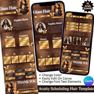 May include: Acuity Scheduling Hair Template displayed on three smartphones. The template features a brown and gold color scheme with text including "Glam Hair" and "Sophia Marie." It showcases hair services and booking information.