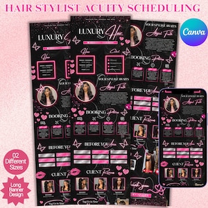 Może przedstawiać: Czarne i różowe szablony harmonogramu stylisty fryzur z tekstem "Luxury Hair" i "Hair Stylist Acuity Scheduling". Projekt zawiera obrazy fryzur, serc, motyli oraz tekst "Booking Policies" i "Client Reviews". Smartfon wyświetla ten sam projekt.
