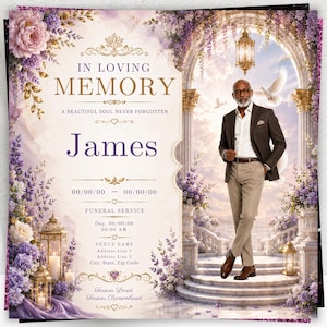May include: A funeral program template featuring the text IN LOVING MEMORY, A BEAUTIFUL SOUL NEVER FORGOTTEN, and James. The design includes purple floral accents, gold lanterns, and an illustration of a person in a suit standing on marble stairs.