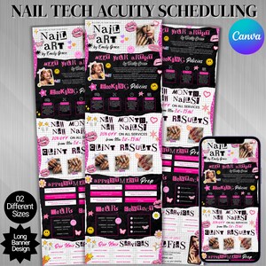 May include: A promotional graphic for a nail salon, featuring a black and pink design with the text "Nail Art by Emily Grace." The design includes information on booking policies, services, and a 20% off promotion.