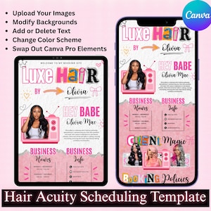 May include: Pink and white digital template for a hair salon, featuring the text "Luxe Hair by Olivia" and "Hey Babe Olivia Mae." The template includes business hours, contact info, and booking policies. The design is displayed on a tablet and a phone.