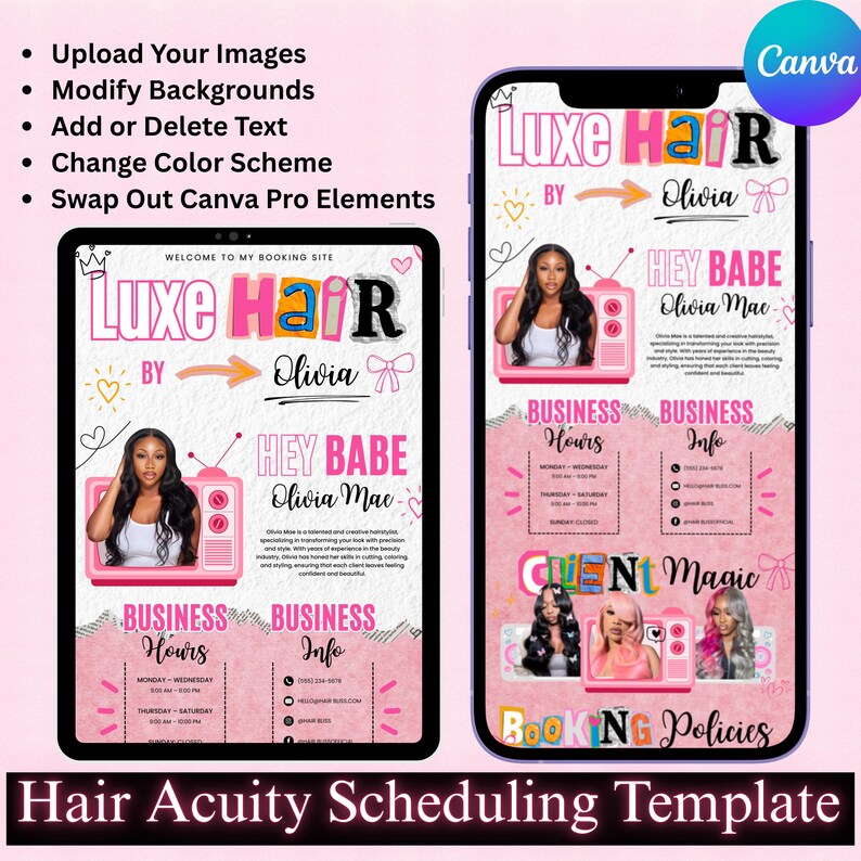 May include: Pink and white digital template for a hair salon, featuring the text "Luxe Hair by Olivia" and "Hey Babe Olivia Mae." The template includes business hours, contact info, and booking policies. The design is displayed on a tablet and a phone.