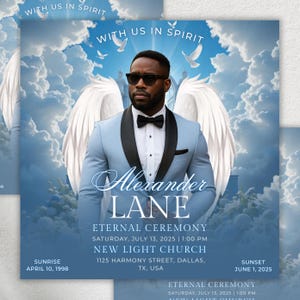 Peut inclure: Carte commémorative avec un homme en costume bleu clair, lunettes de soleil et nœud papillon noir, sur fond de ciel bleu nuageux. Texte : "With Us In Spirit", "Alexander Lane" et détails de la cérémonie.