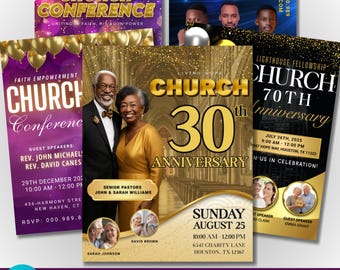May include: A collection of ten church anniversary and conference flyers. The flyers feature gold and purple color schemes with text such as "Church Conference", "Church 30th Anniversary", and event details. The flyers include images of church leaders and event information.