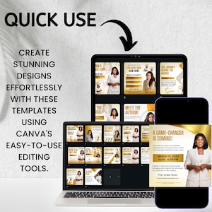 May include: A laptop and smartphone displaying Canva templates. The laptop shows various design layouts with gold and white accents. The smartphone displays a promotional graphic with text: "A GAME-CHANGER IS COMING!"