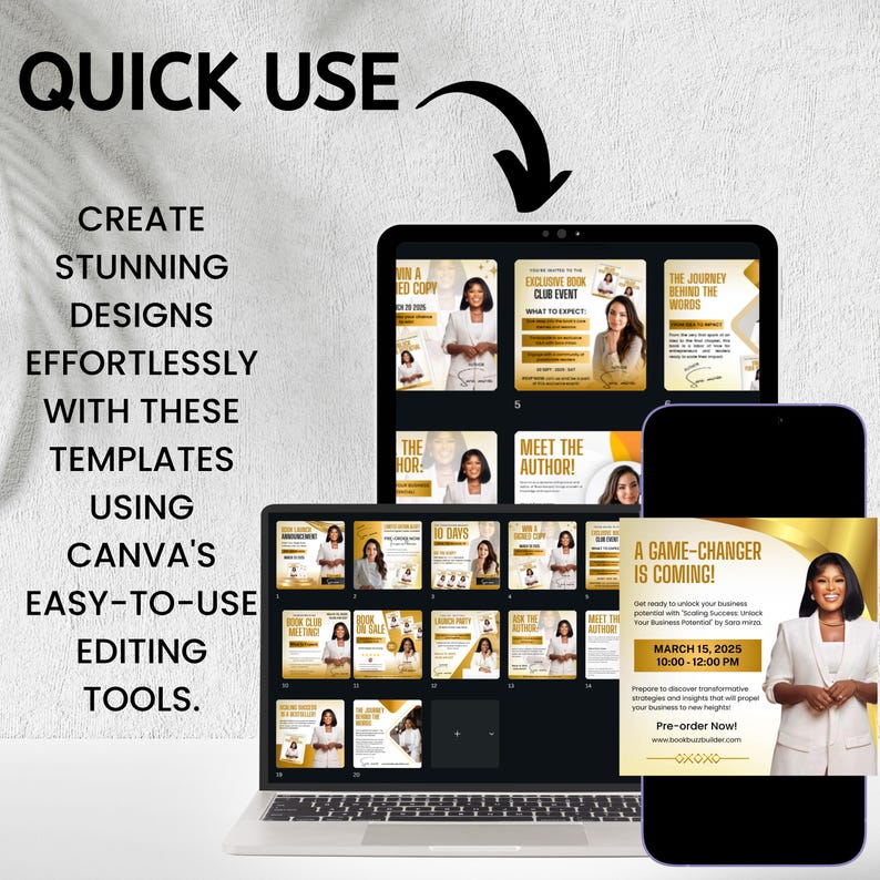 May include: A laptop and smartphone displaying Canva templates. The laptop shows various design layouts with gold and white accents. The smartphone displays a promotional graphic with text: "A GAME-CHANGER IS COMING!"