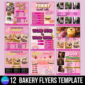 May include: A set of 12 pink bakery flyers, each showcasing images of cakes, cupcakes, and other treats. The flyers include pricing and contact details, designed to promote a range of sweet baked goods.