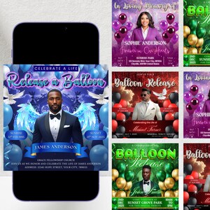 Puede incluir: Un tel&eacute;fono inteligente muestra varios folletos de eventos conmemorativos. Los folletos presentan im&aacute;genes de personas, globos y texto como "Release a Balloon" e "In Loving Memory of". La combinaci&oacute;n de colores incluye azul, morado, verde y dorado, con fechas y horas.