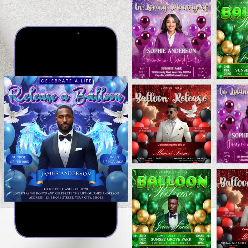 Puede incluir: Un tel&eacute;fono inteligente muestra varios folletos de eventos conmemorativos. Los folletos presentan im&aacute;genes de personas, globos y texto como "Release a Balloon" e "In Loving Memory of". La combinaci&oacute;n de colores incluye azul, morado, verde y dorado, con fechas y horas.
