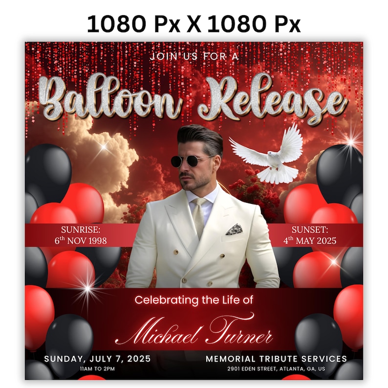 Puede incluir: Un anuncio conmemorativo para Michael Turner, con un hombre con traje blanco, globos rojos y negros y una paloma. El texto dice "Balloon Release" e incluye fechas y horarios del evento. El fondo es rojo y blanco.