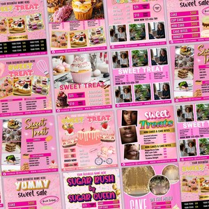 May include: A selection of pink dessert menu flyers featuring cakes, cupcakes, and other sweets. The flyers display text like "Sweet Treat" and "Sweet Sale", alongside pricing and contact details. The menus are visually appealing.