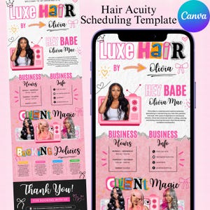 May include: A pink and white hair salon scheduling template on a phone screen. The design includes the text "Luxe Hair by Olivia" and "Hey Babe Olivia Mac." It also features images of hairstyles and business information.