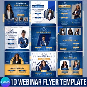May include: A collection of ten webinar flyer templates with a blue and gold color scheme. Each flyer features a professional woman, the text "The Masterclass," and details like price and date. The bottom text reads "10 Webinar Flyer Template."