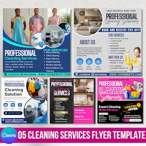 May include: A promotional flyer for professional cleaning services. The design features images of cleaning staff, cleaning supplies, and various rooms. Text includes service offerings, contact information, and a limited-time offer.