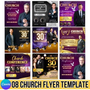 Puede incluir: Un conjunto de ocho plantillas de folletos para iglesias en morado y dorado. Cada folleto muestra información del evento, como fechas, horarios y oradores. Diseños para conferencias y aniversarios de iglesias.