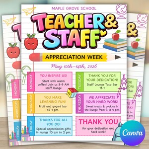 May include: A colorful flyer for Maple Grove School's Teacher & Staff Appreciation Week, May 10th-14th, 2026. The design includes the text "Teacher & Staff" in vibrant colors, along with daily schedules for the week. The flyer also features cute apple illustrations.