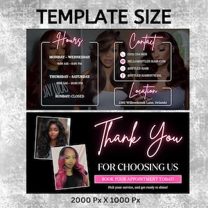 Puede incluir: Un gr&aacute;fico promocional con el texto "TEMPLATE SIZE" en la parte superior. La imagen presenta informaci&oacute;n sobre un sal&oacute;n de belleza, incluyendo horarios, datos de contacto y ubicaci&oacute;n. Las palabras "Thank You" est&aacute;n escritas en cursiva, y el gr&aacute;fico incluye el texto "FOR CHOOSING US".