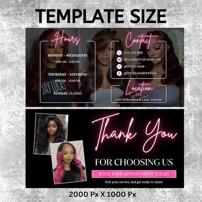 Puede incluir: Un gr&aacute;fico promocional con el texto "TEMPLATE SIZE" en la parte superior. La imagen presenta informaci&oacute;n sobre un sal&oacute;n de belleza, incluyendo horarios, datos de contacto y ubicaci&oacute;n. Las palabras "Thank You" est&aacute;n escritas en cursiva, y el gr&aacute;fico incluye el texto "FOR CHOOSING US".