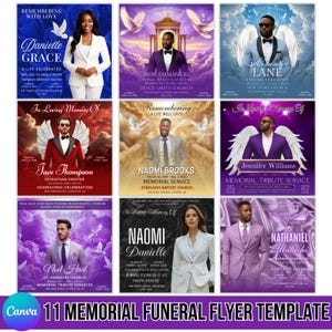 Op de afbeelding: Een verzameling van elf gedenk-begrafenis flyer sjablonen. Elke flyer bevat een foto van een persoon, met tekst inclusief namen, data en service details. De flyers hebben een verscheidenheid aan kleurenschema's en ontwerpen.