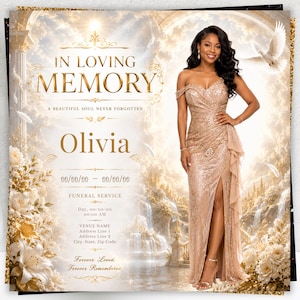 Peut inclure: Un modèle de programme funéraire avec le texte IN LOVING MEMORY, A BEAUTIFUL SOUL NEVER FORGOTTEN, Olivia, et des espaces pour les dates, les détails du service et l'adresse. Le design inclut des fleurs dorées, une colombe et une cascade.