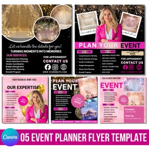 May include: Event planner flyer template with a pink and black design. The flyer includes text such as "Plan Your Event" and "Our Expertise!" with a photo of a woman in a pink blazer. The flyer also lists services and event types.