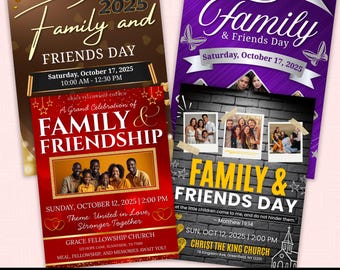 Puede incluir: Cuatro folletos que anuncian eventos del Día de la Familia y los Amigos. Los folletos presentan el texto "Family & Friends Day" y las fechas de los eventos. Los esquemas de color incluyen marrón, rojo y morado, con imágenes de familias.