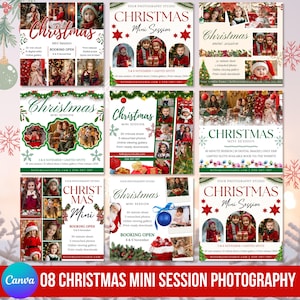 May include: A promotional graphic for a Christmas mini-session photography service. The design features multiple flyers with children in festive attire, text that reads "Christmas Mini Session," and booking information. The overall color scheme is red and green.
