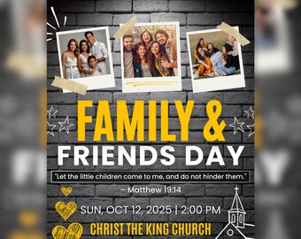 Puede incluir: Un cartel promocional para un evento del Día de la Familia y Amigos. El diseño presenta fotos familiares, texto amarillo y un fondo de ladrillo. El evento está programado para el 12 de octubre de 2025 a las 2:00 PM en Christ the King Church.