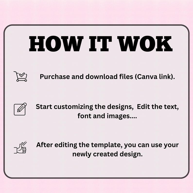 May include: A graphic with the text "HOW IT WOK" in bold black letters. Below, instructions detail the process: purchase and download files, customize designs, and use the newly created design. The background is light pink.