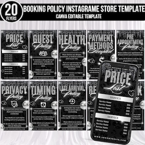 May include: A set of 20 black and white Instagram flyers with a leopard print design. The flyers include text such as "Price List", "Guest Policy", and "Booking Policy Instagram Store Template". The flyers are a Canva editable template.